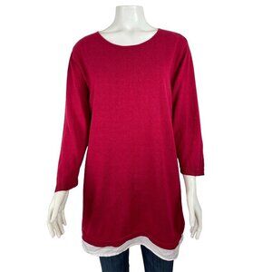 J Jill Womens Linen Blend Sweater XL Red Linen Contrast Trim 3/4 Sleeve